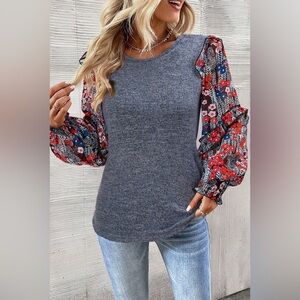Blue Ruffle Tiered Floral Sleeve Crew Neck Blouse Bohemian Top